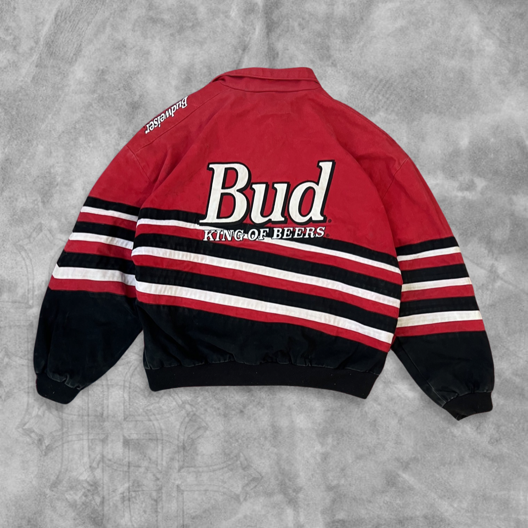 Faded Distressed Cherry Red Bud King Of Beers Racing Jacket 1990s (XL)