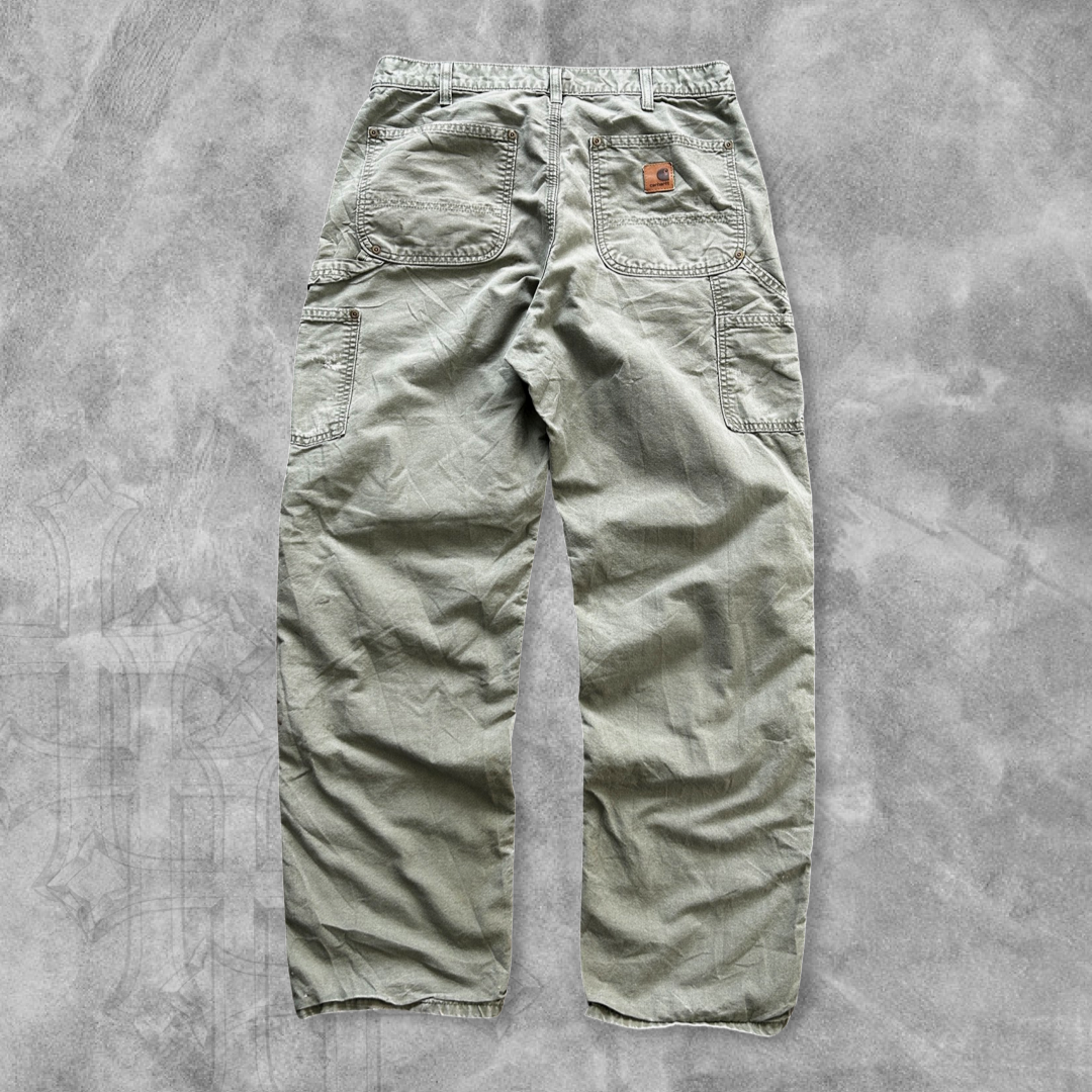 Distressed Sage Green Carhartt Double Knee Pants 1990s (33x32)