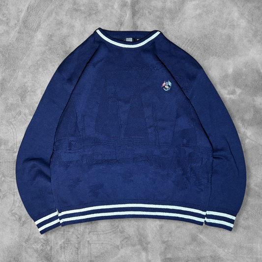Navy Sailboat Textured Sweater 1990s (XL)