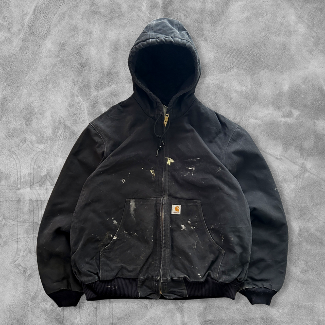 Black Paint Distressed Carhartt Hooded Jacket Y2K 2000s (L)