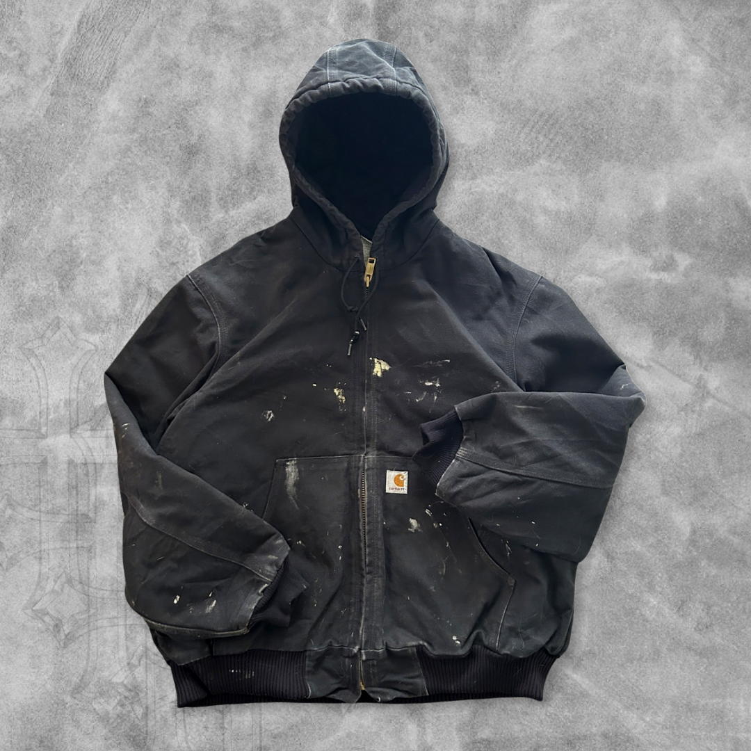 Black Paint Distressed Carhartt Hooded Jacket Y2K 2000s (L)
