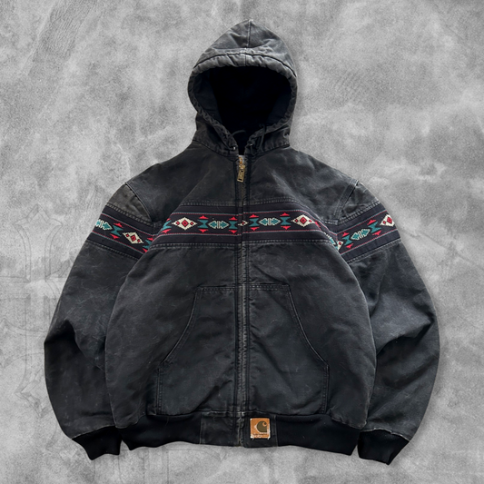 Faded Black Carhartt Aztec Hooded Jacket 1990s (M)