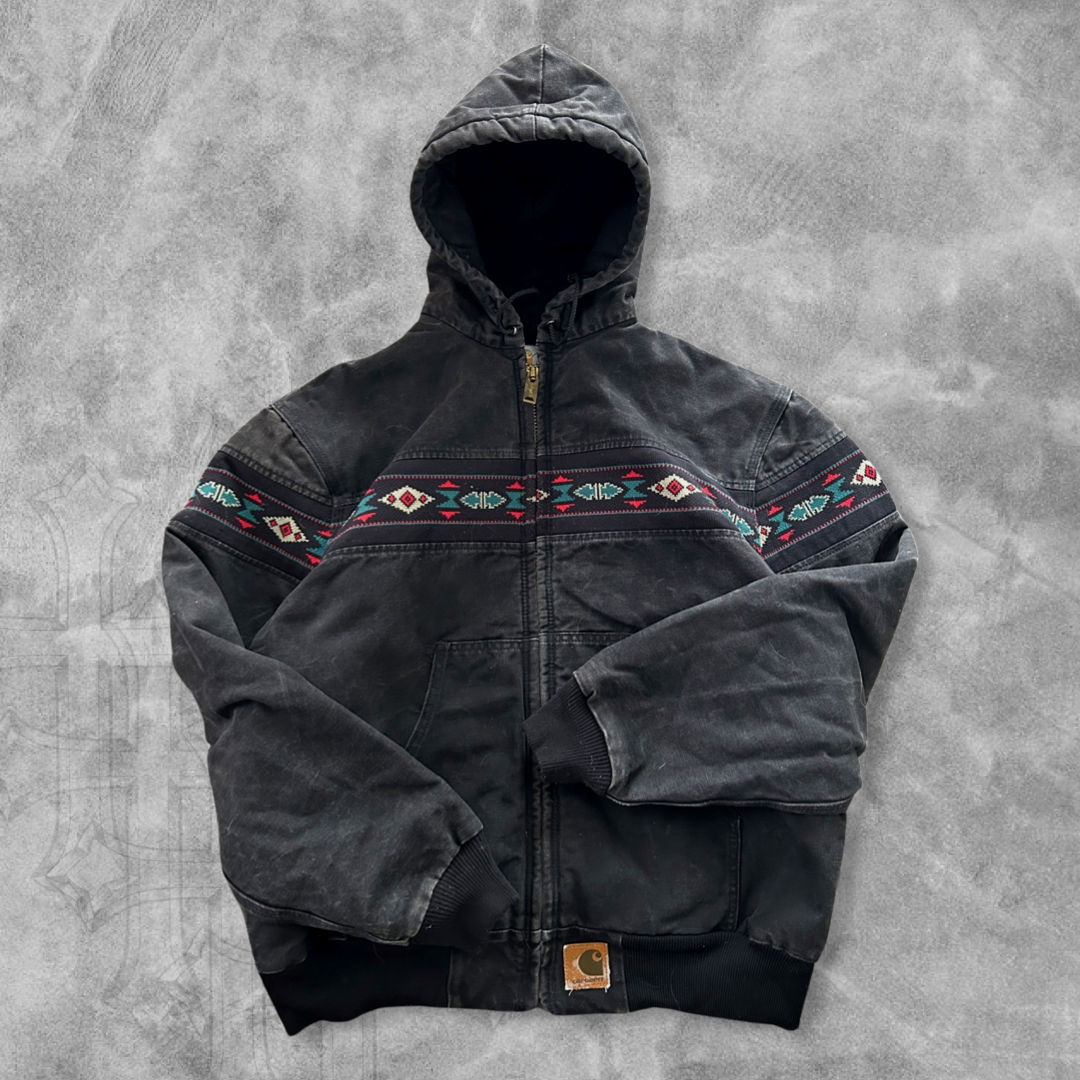 Faded Black Carhartt Aztec Hooded Jacket 1990s (M)