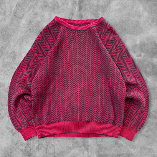 Carmine Red Pattern Sweater 1990s (XL)