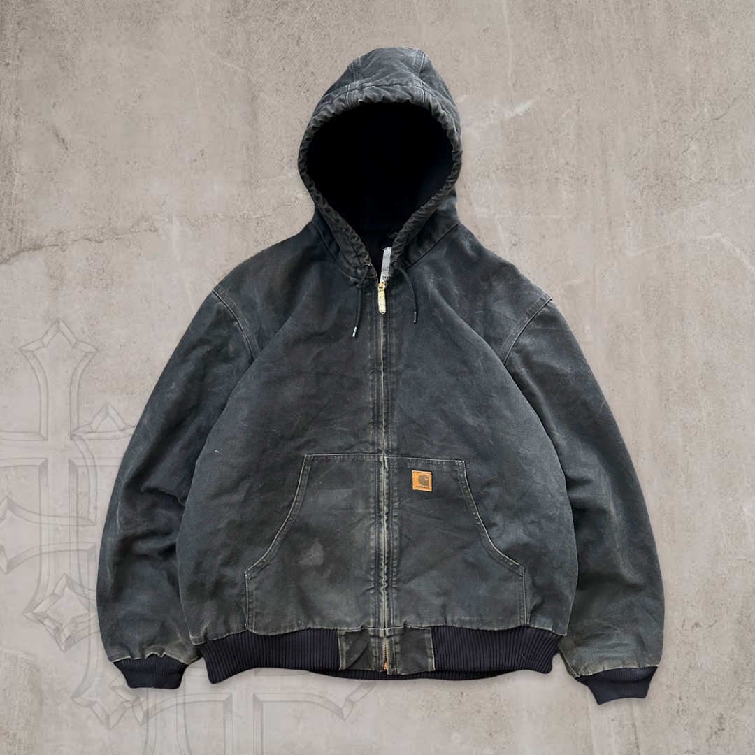 Faded Black Carhartt Hooded Jacket 1990s (XL)