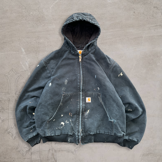 Black Faded Paint Distressed Carhartt Hooded Jacket Y2K 2000s (L)